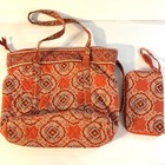 Vera Bradley Villager Tote & Wristlet Set Symphony in Hue Orange Floral Cotton - Picture 4 of 15